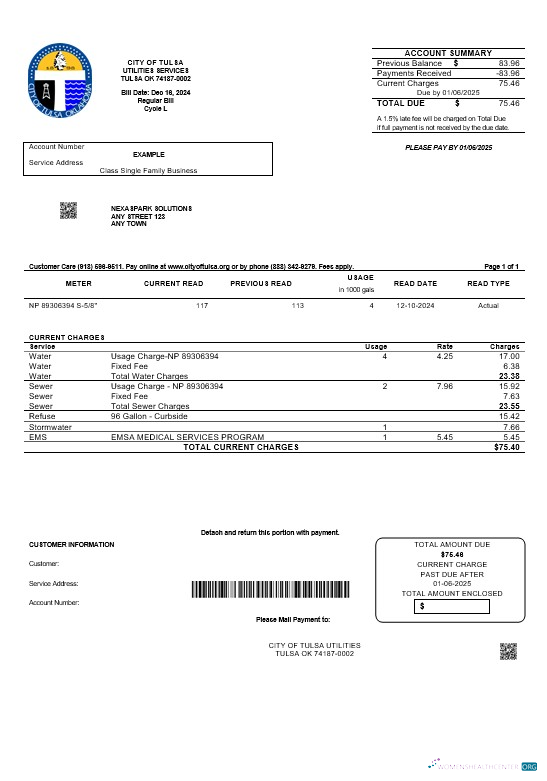 USA Oklahoma City of Tulsa business utility bill template in Word and PDF formats